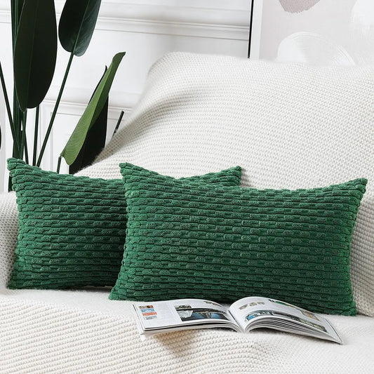 MADIZZ Pack of 2 Boho Corduroy Striped Throw Pillow Covers 12x20 Inch Green Soft Decorative Cushion Cover for Bedroom Sofa Pillow Shell